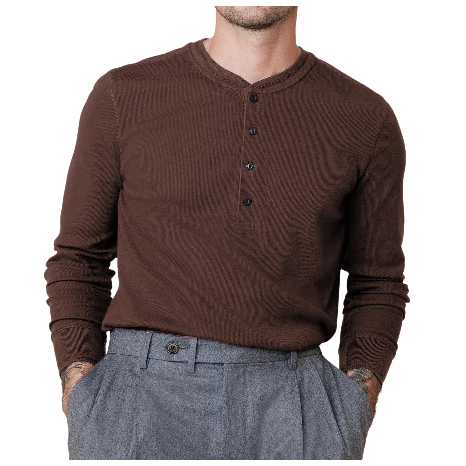 thumbnail image 4 of Camiseta de manga larga con botones y color liso para hombre, para otoño, mezcla de poliéster, cómoda e informal, varias tallas disponibles., 4 of 7